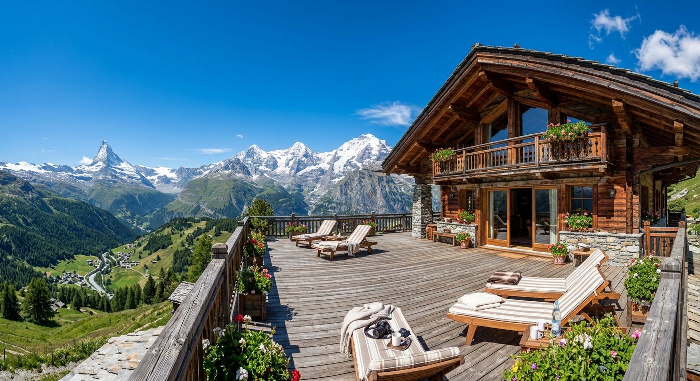 Alpine chalet with panoramic mountain views, Switzerland